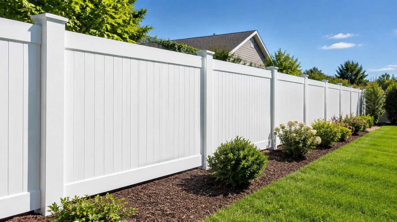 Illustrative white vinyl privacy fence imagery (AI-generated filler, not an Allpro job photo)